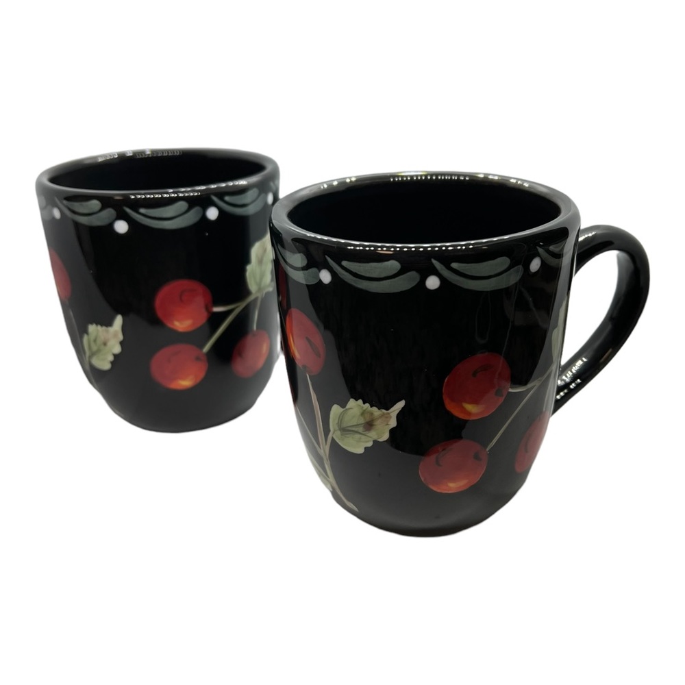 Laurie Gates Black Cherry Blossom Coffee Mugs Cups (set of 2)